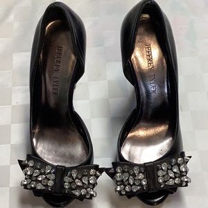 Jeffrey Tyler size 6, black, leather upper, black embellished bow, 4.5 inch heel